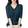 Women's Fashion Loose Knit Sweater Bottom Shirt V-Neck Pullover Half Sleeve Solid Color Top