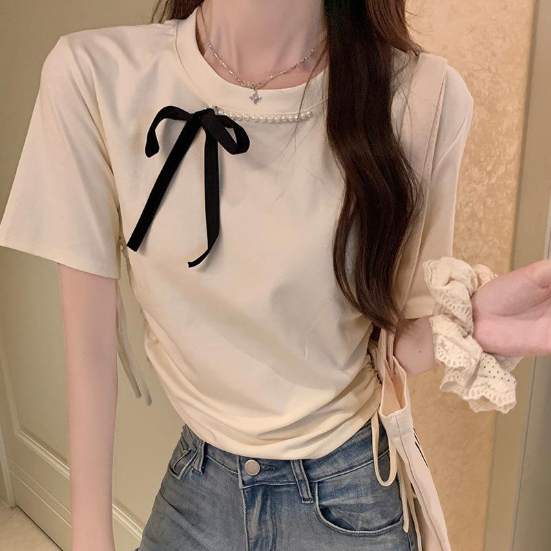 

Футболка с короткими рукавами и прямыми плечами, украшенная бисером и бантом, для женщин, новый плиссированный облегающий топ с завышенной талией XL