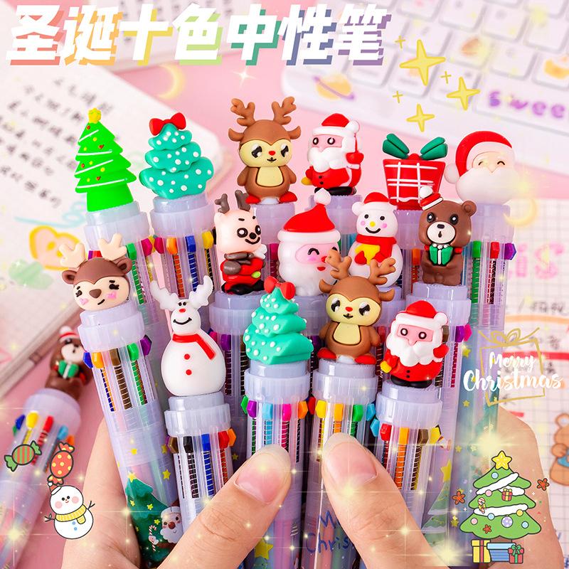 

Cartoon Christmas 10-color ballpoint pen Christmas student stationery gift cute press color pen ten-color pen random 1PC
