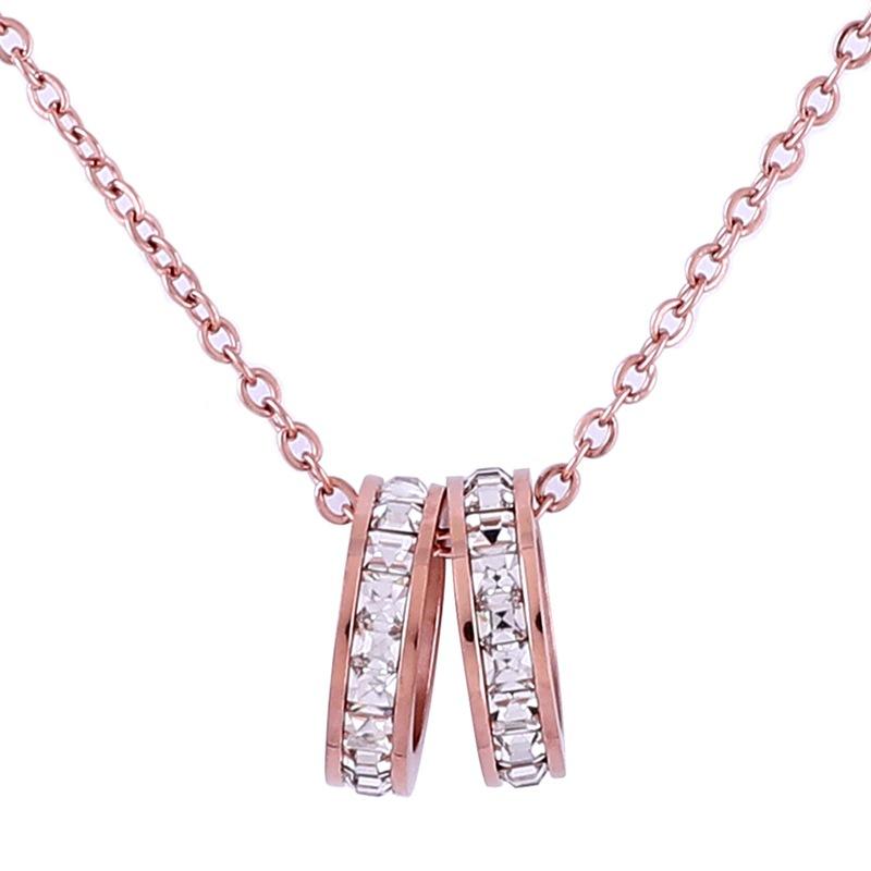Rose Gold Double Ring Diamond Stainless Steel Necklace Pendant Sticky Diamond Pendant Bag Chain Titanium Steel Necklace Internet Celebrity Jewelry
