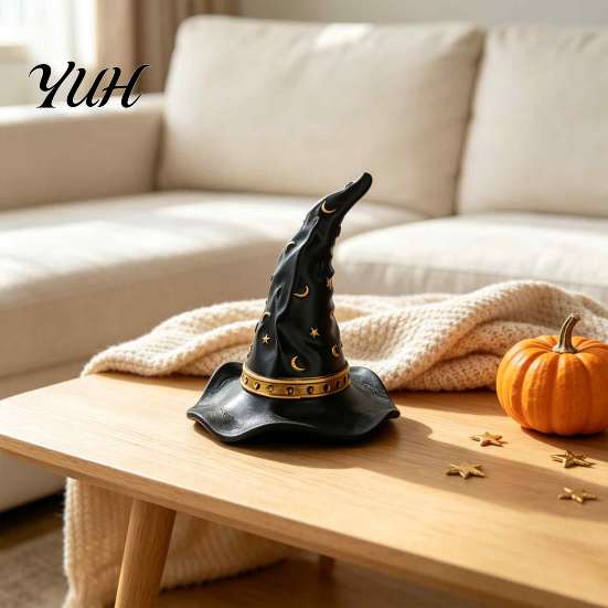 Halloween Home Interior Accents Resin Witch Hat Figurine, Wizard Statue with Star Moon Seasonal Window Display Ornaments Patterns, Gothic Desktop