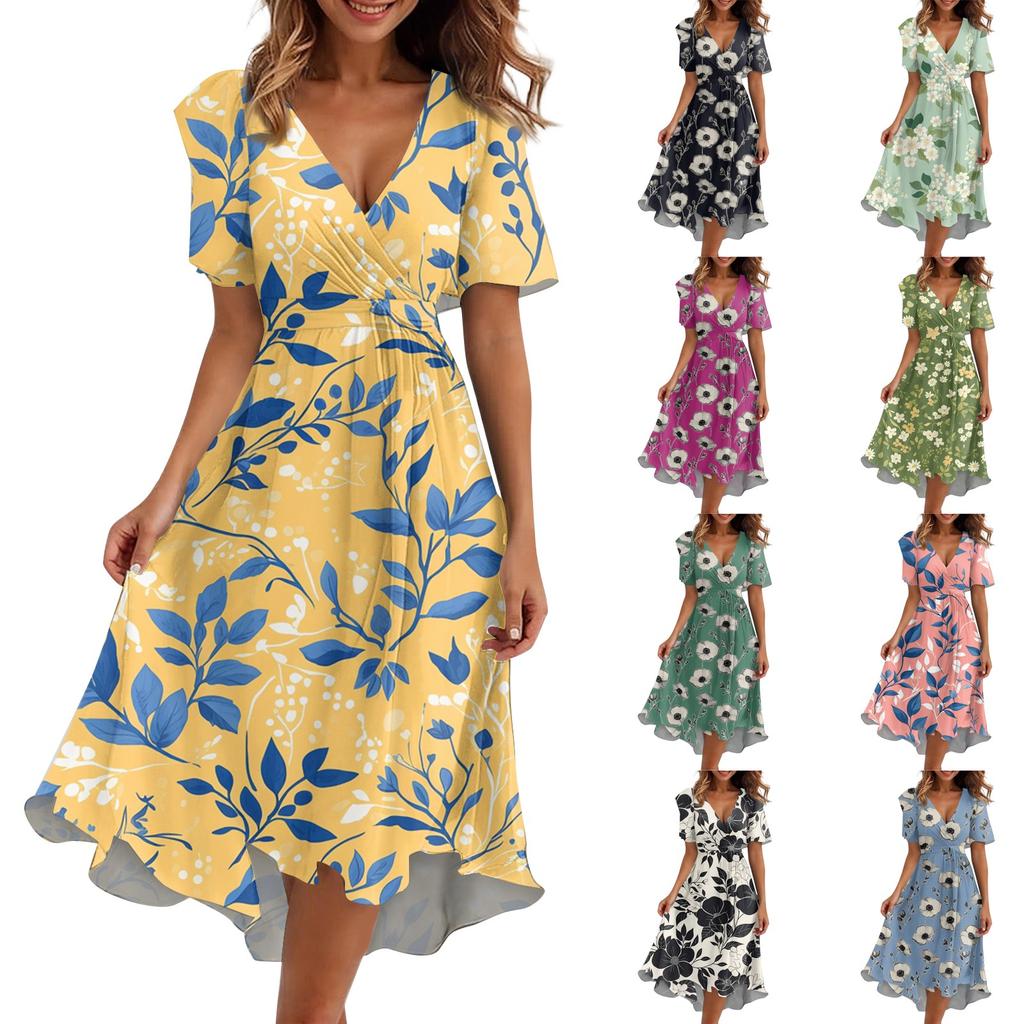 Robe Imprimée Décontractée Ample à Col en V et Manches Courtes avec Jupe Évasée pour Femme