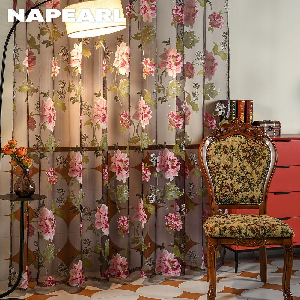 1PC Modern Fashionable Retro Peony Printed Transparent Sheer Window Curtain for Living Room Bedroom Home Decor NAPEARL