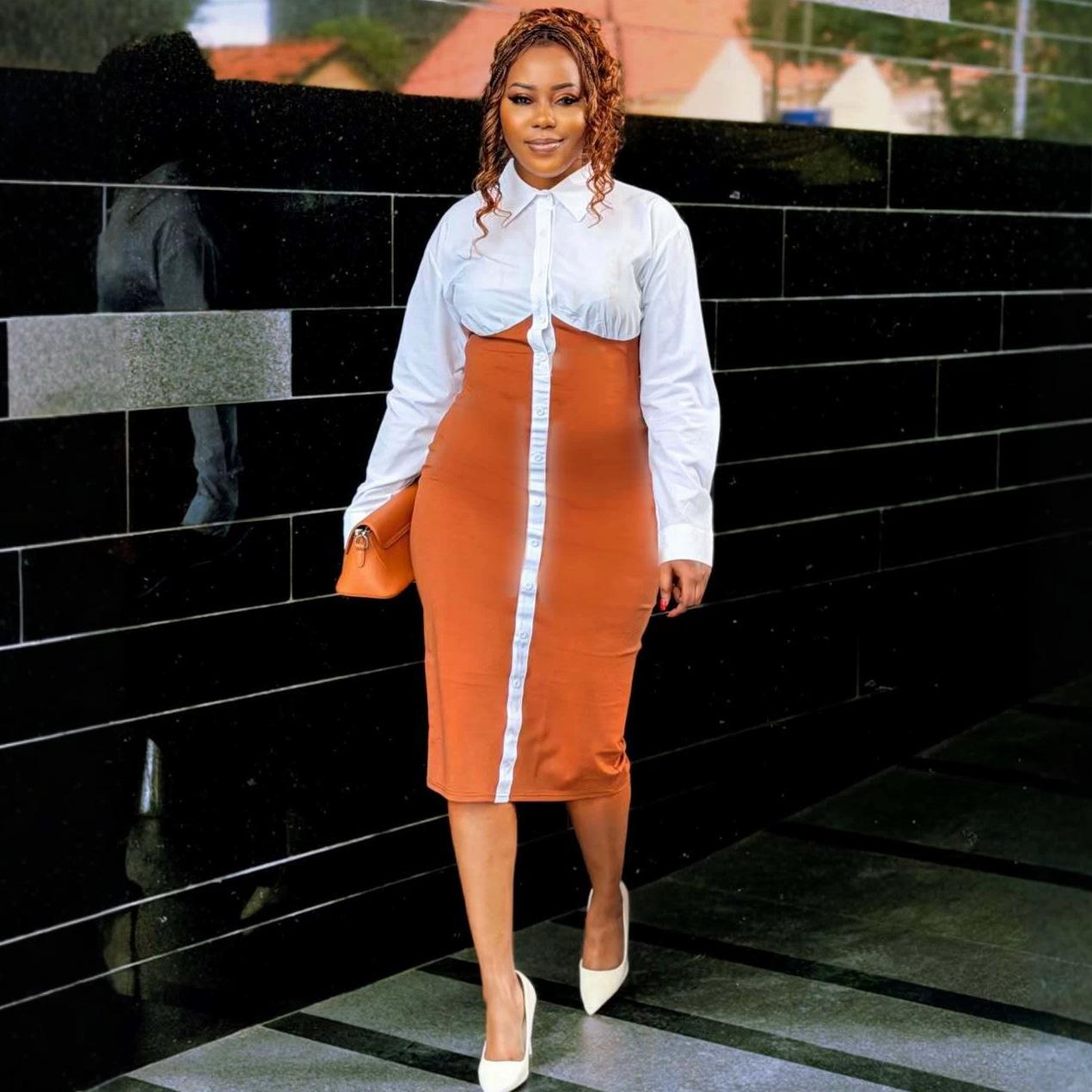African women s elegant new long-sleeve color-blocking fashion dress, new Western trendy hip-hugging long dress S