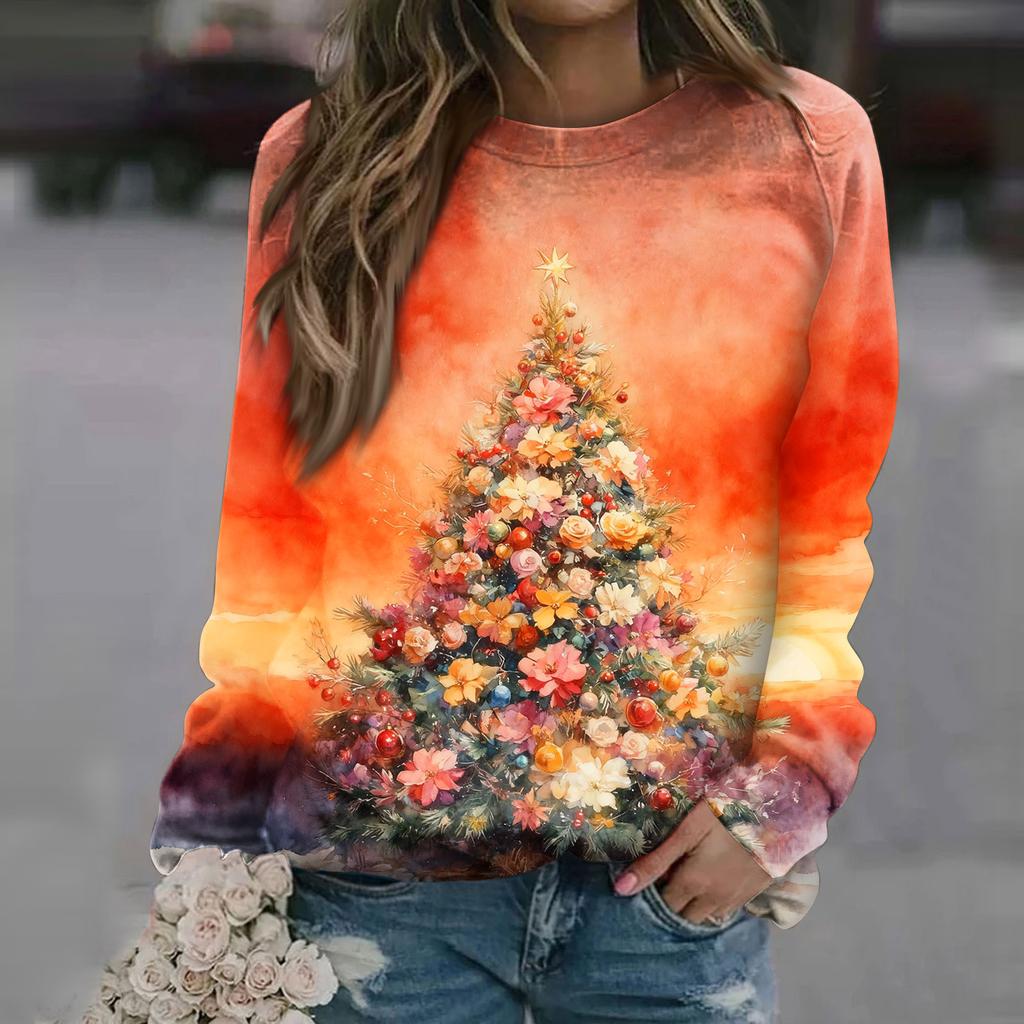 Women's Fashion Casual Long Sleeve Christmas Printed Neck Sweatshirt Top