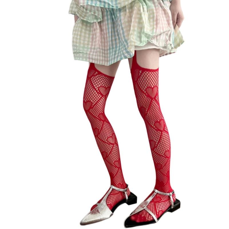 Women Gothic Fishnet Mesh Garters Thigh High Stockings Tights Hollowed Sweet Heart Patterned Sheer Suspender Pantyhose