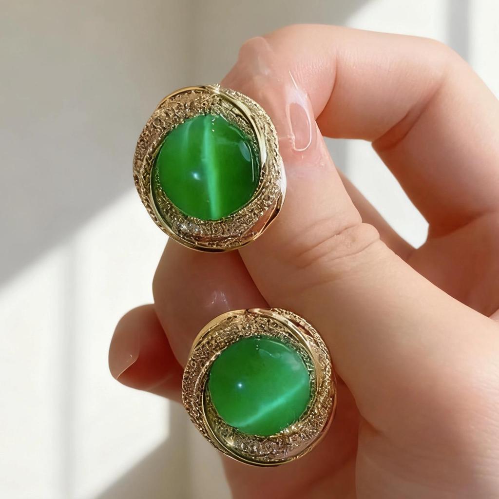 Miki's Geometric Diamond-Studded Cat's Eye Stone Earrings: Stylish, Classic, and Fresh.