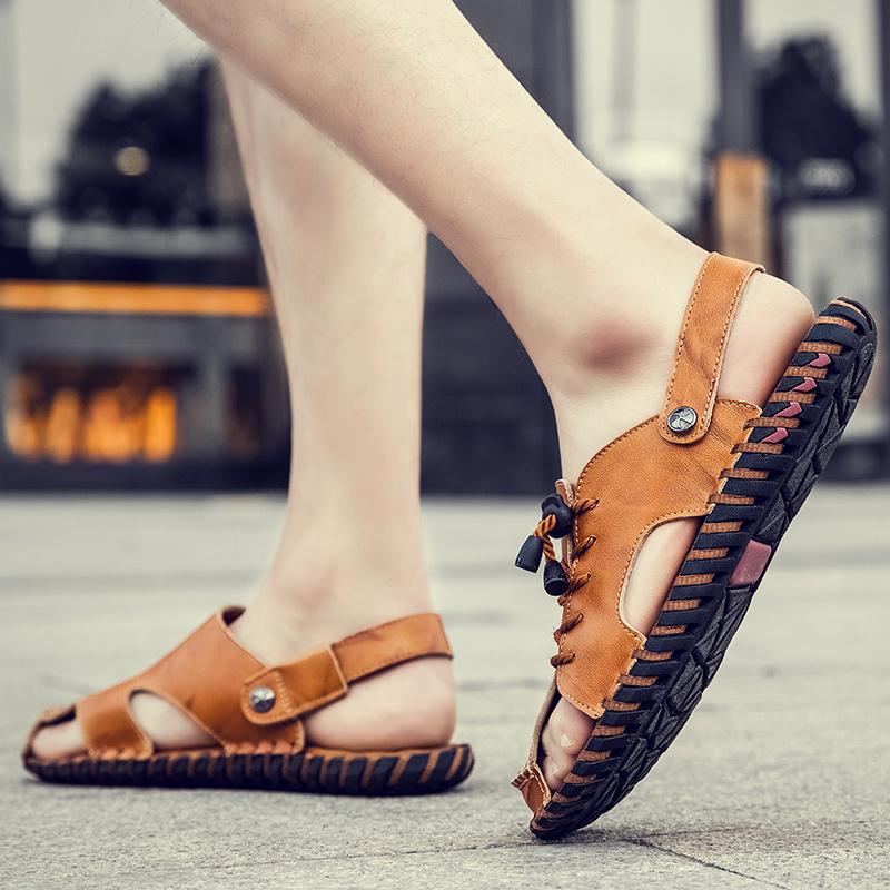 Fashion Summer New Arrival Mens Casual Leather Beach Sandals Fashion Brand Man Two Ways To Wear Slippers and Sandals Outdoor Half Flats