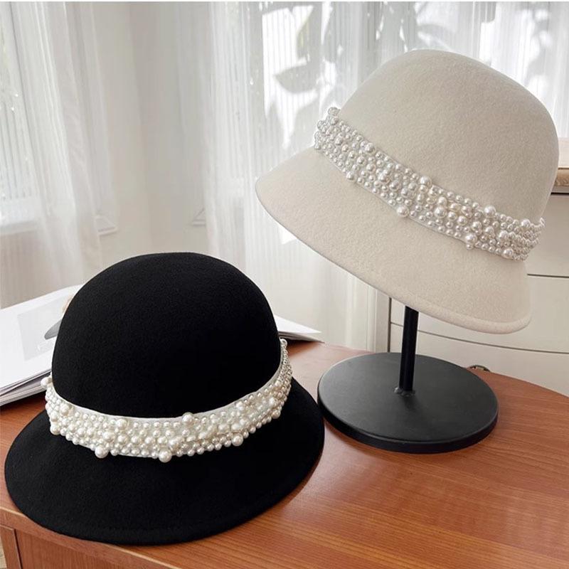 Woolen pearl small basin hat women's autumn and winter elegant temperament fashion top hat French retro thermal bucket hat