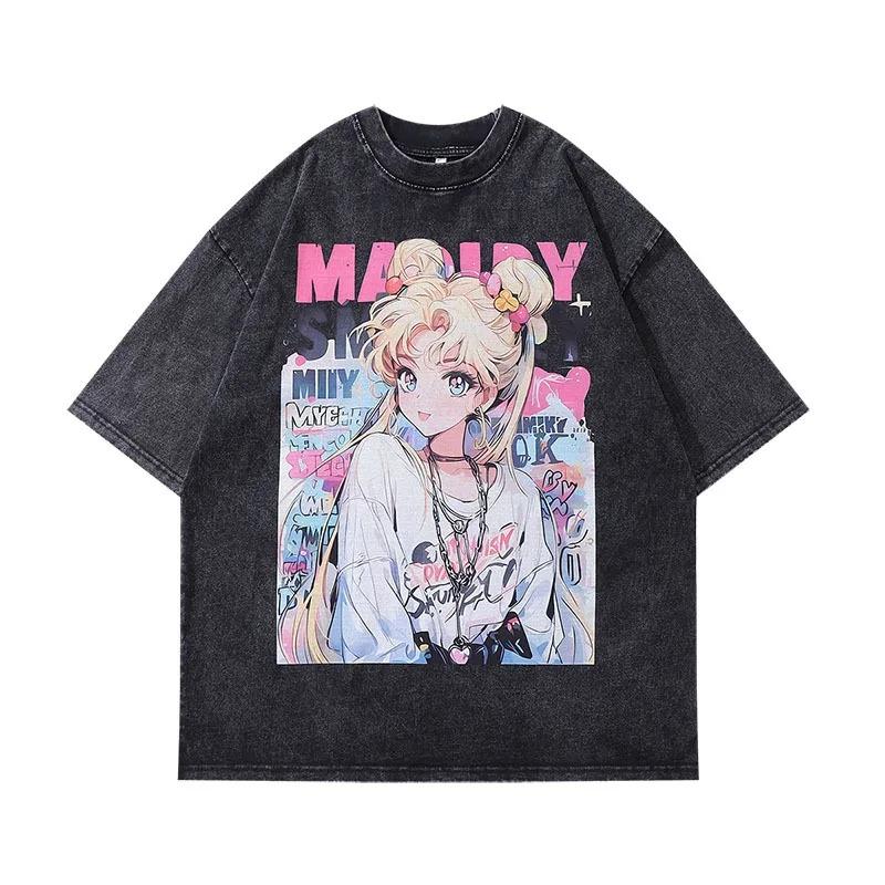 2026 Unisex T Shirts Sailor Moon Anime Print Summer Trendy Oversized Short-sleeved Tee Vintage Washed Harajuku Cotton Clothes Tops