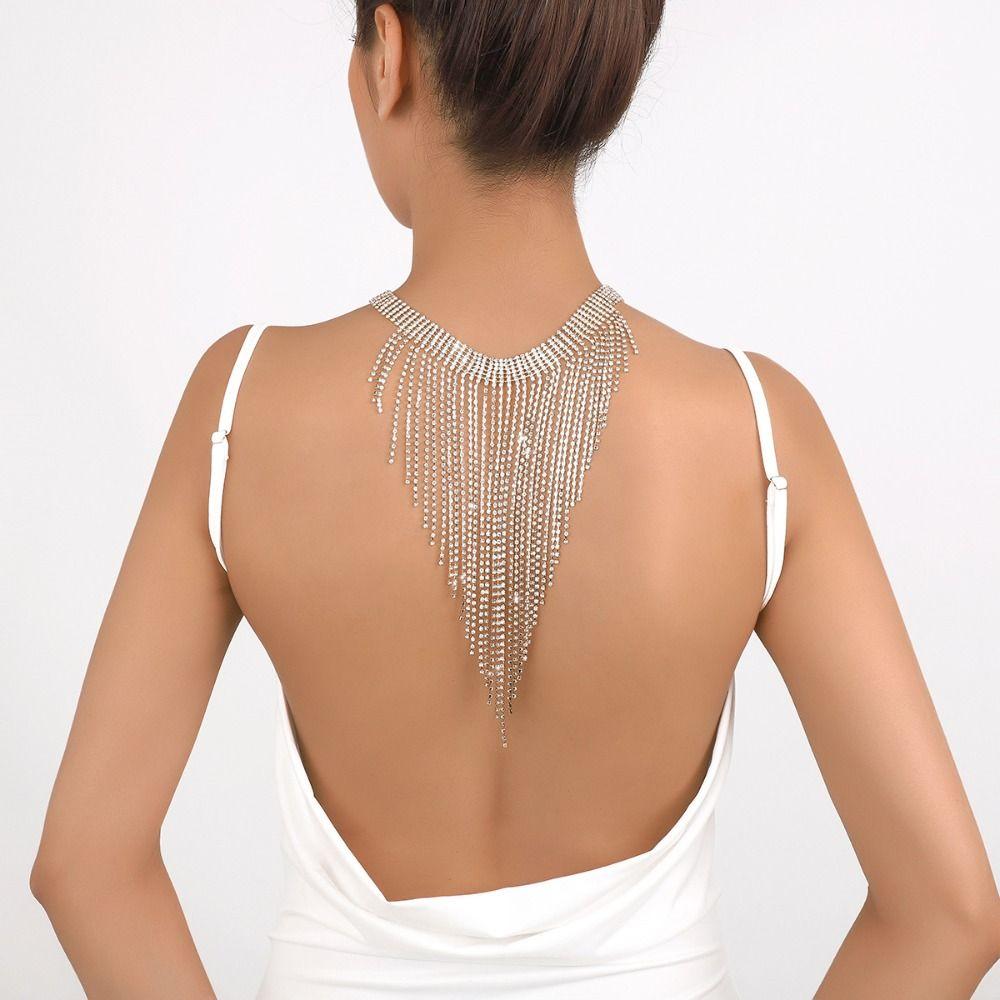 Korean Style Full Rhinestone Necklace Geometric Clavicle Chain Long Tassel Necklace  Wedding