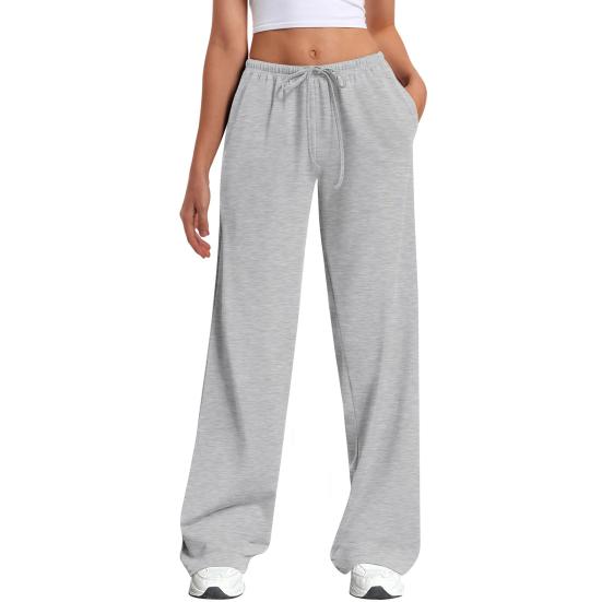 Women Pants Elastic High Waist Wide Leg Casual Trousers with Adjustable Drawstring Pockets Pure Color Loose Fit Long Pants