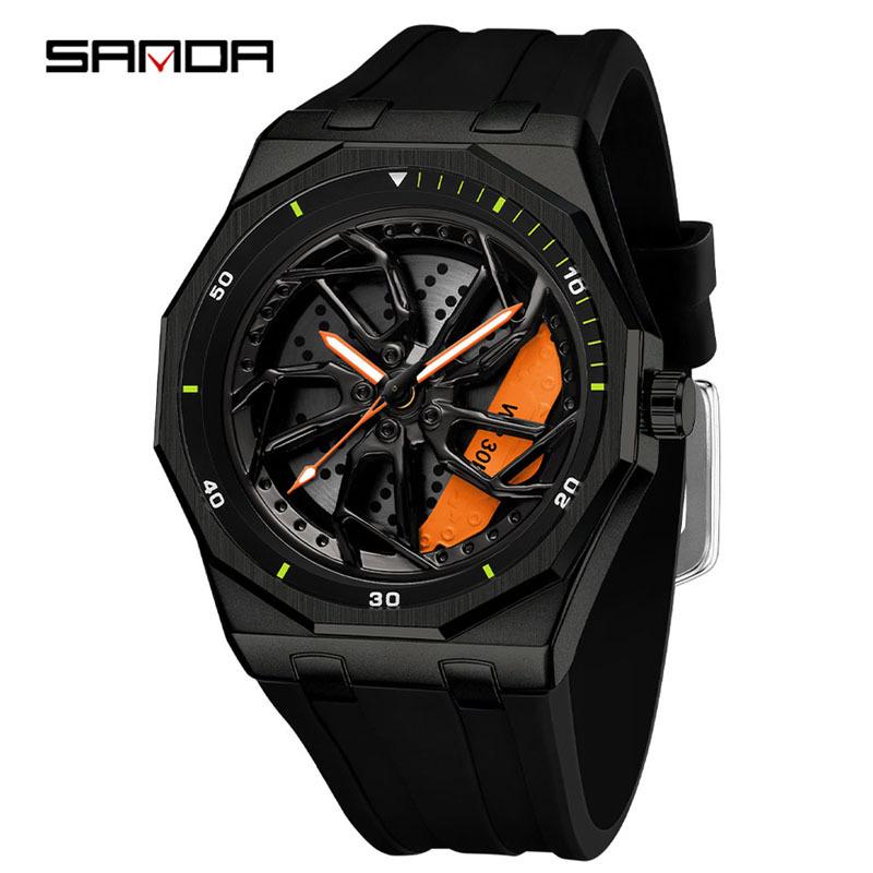 Sanda Brand Men's 360° Rotating Wheel Hubcap Design Quartz Watch Fashion Sports Silicone Waterproof For Daily Wear Hollow Watch