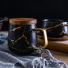 Japanese Ceramic Tea Cup: Matte Gold Marble & Black Pattern with Wooden Saucer