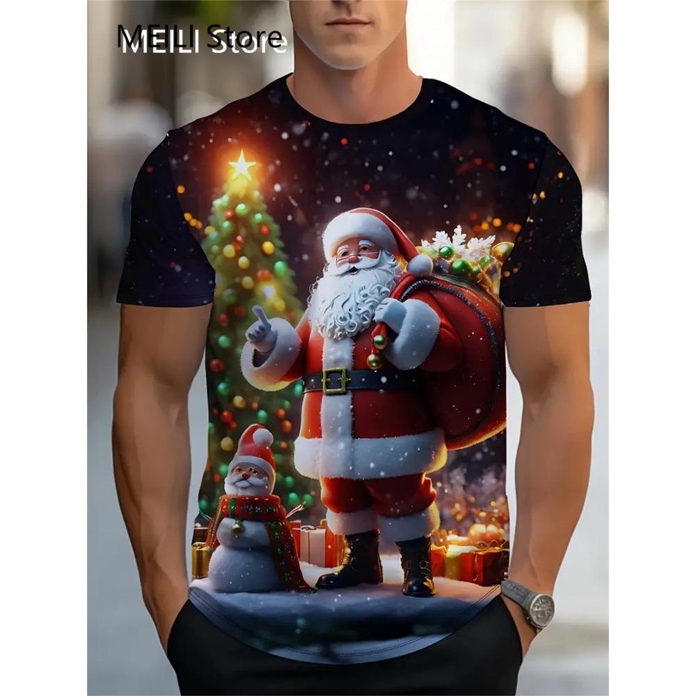 Christmas T-Shirts Summer Funny Santa Claus Fashion Tops Tee Mens Shirts Summer Holiday Boys Casual Crew Neck Oversized T-Shirts