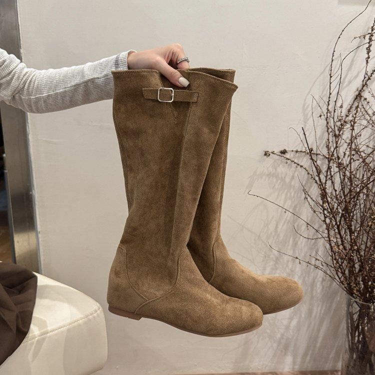 

Soft leather version~ Lazy women s winter retro stacking boots French thin high boots thick heel suede khaki boots 35 хаки