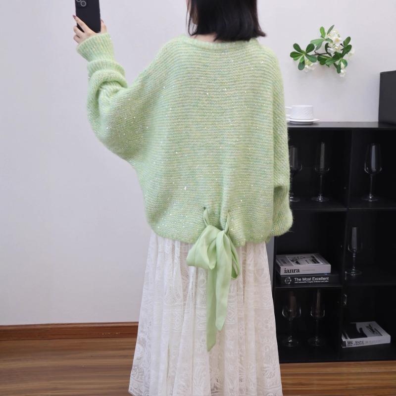 Autumn and Winter New Back Strap Bow Knitted Sweater Top Sequined Design Loose Sweater Pullover Woman