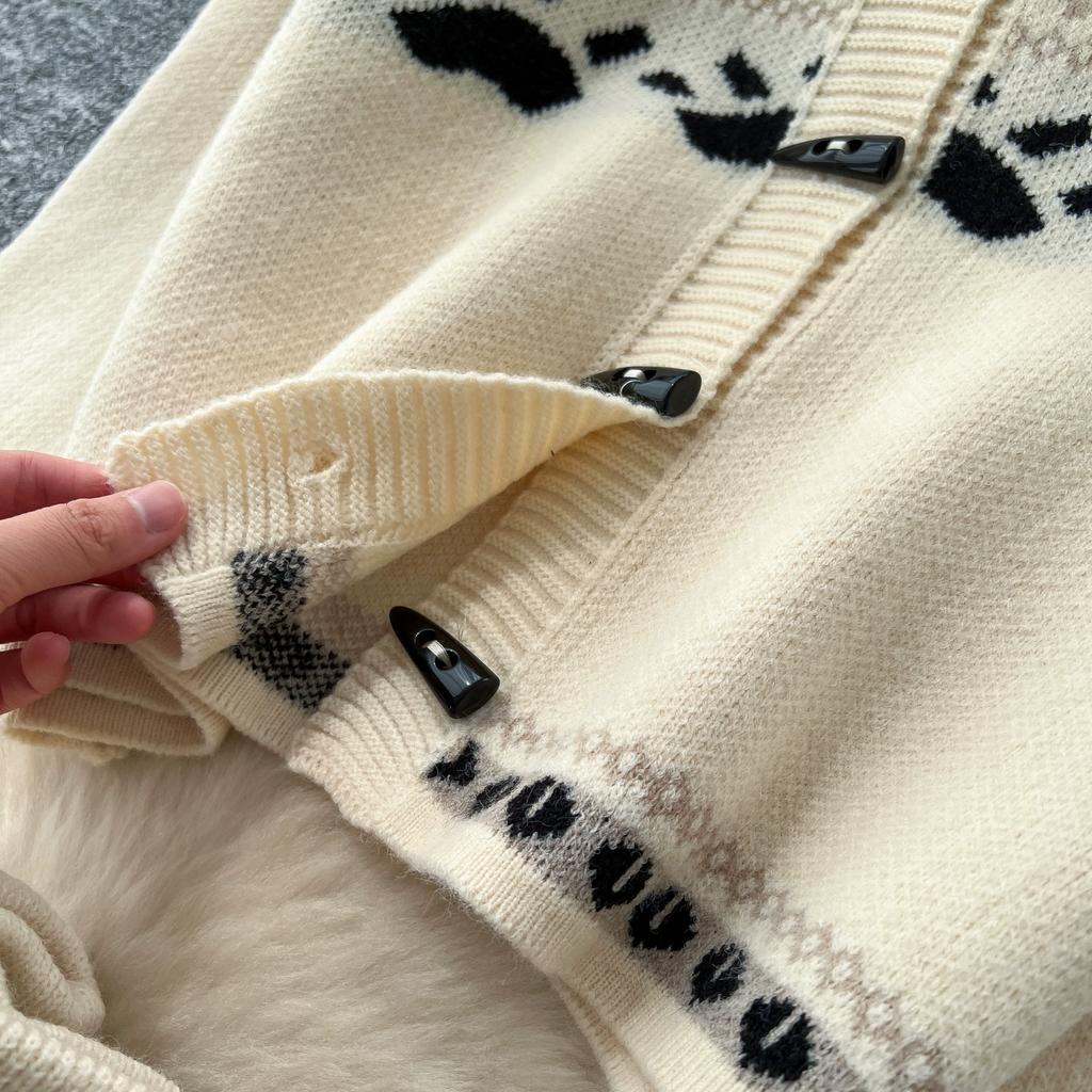 Autumn Winter Women Sweet Print Knitted Sweater Two Piece Set Single Breasted Cardigans Jacket and Mini Short Sheath Skirt Suit