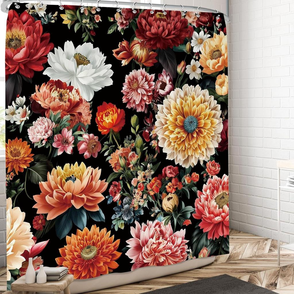Boho Black Red Flower Shower Curtain Dark Floral Shower Curtains Set Spring Wildflower Rose Leaf Plant Vintage Bath Curtain Rust