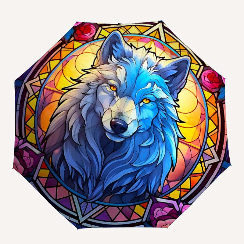 

1pc Wolf StainedGlass Automatic Open/Close Umbrella with Folding feature Compact Travel Umbrella, Lightweight design, for Commuting012