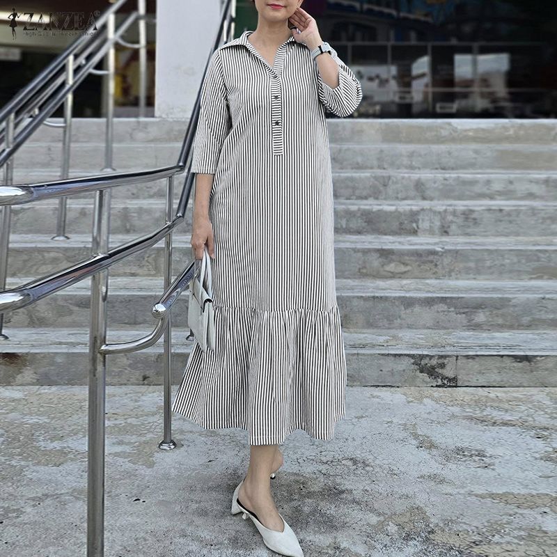 ZANZEA Women Casual Turn Down Collar Loose 3/4 Sleeve Stripe Long Dress
