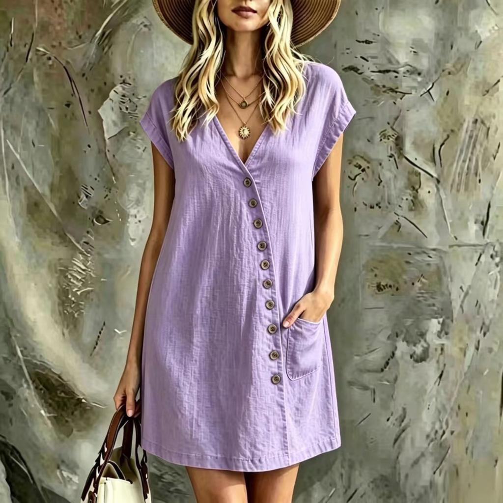 V Neck Button Front Casual Dress for Women Short Sleeve Vacation Outfits for Women Maxi Dresses for Women Spring Dresses for Women