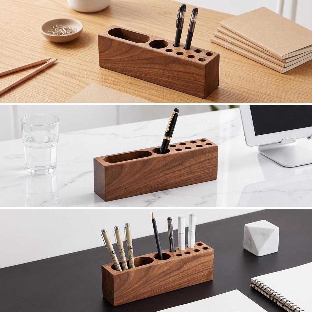 Pen Holder with Card Slot Natural Wood Desk Tidy Compact for Study Room