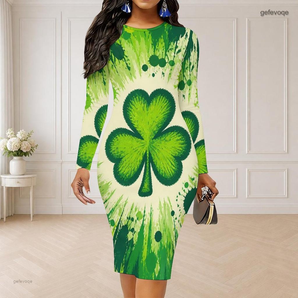 Women Plus Size Round Neck Long Sleeve Dark Green Clover Printed Bodycon Midi Dress