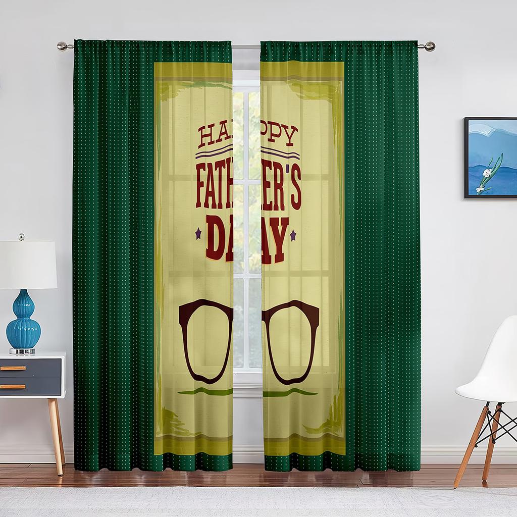 Happy Father‘s Day Sheer Voile Curtain Ocean Beach Sunset Kids Silhouettes Window Tulle Curtains for Living Room Bedroom Decor