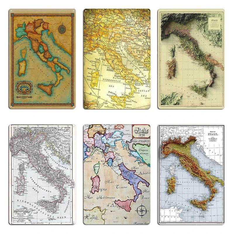 Hartă relief a Italiei redată digital Hartă relief vintage a Italiei Imprimare Cu D Illusion Metal imprimat Semn de perete din tablă Afiș