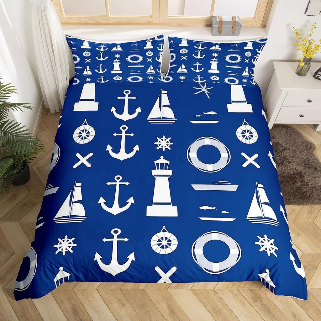 Nautical Anchor Duvet Cover,Geometric Stripes Anchor Bedding Set Twin For Boys Girls Room Decor,Ocean Adventure Comforter Cover