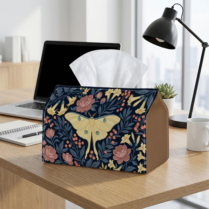 2D Flat Vintage Moth Flower Tissue Box - Navy Blue and Yellow Dark-Colored Napkin Storage Box, Perfect for Roll/Facial/Tissue Paper, Available In a Tw