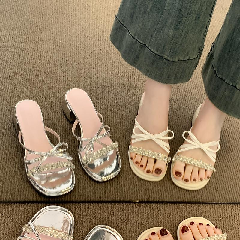 Fashion Med Square heel Slippers Casual Shoes Slipers Women Slides Butterfly-Knot Block Luxury 2025 Silver Butterfly-knot Slippers Casua
