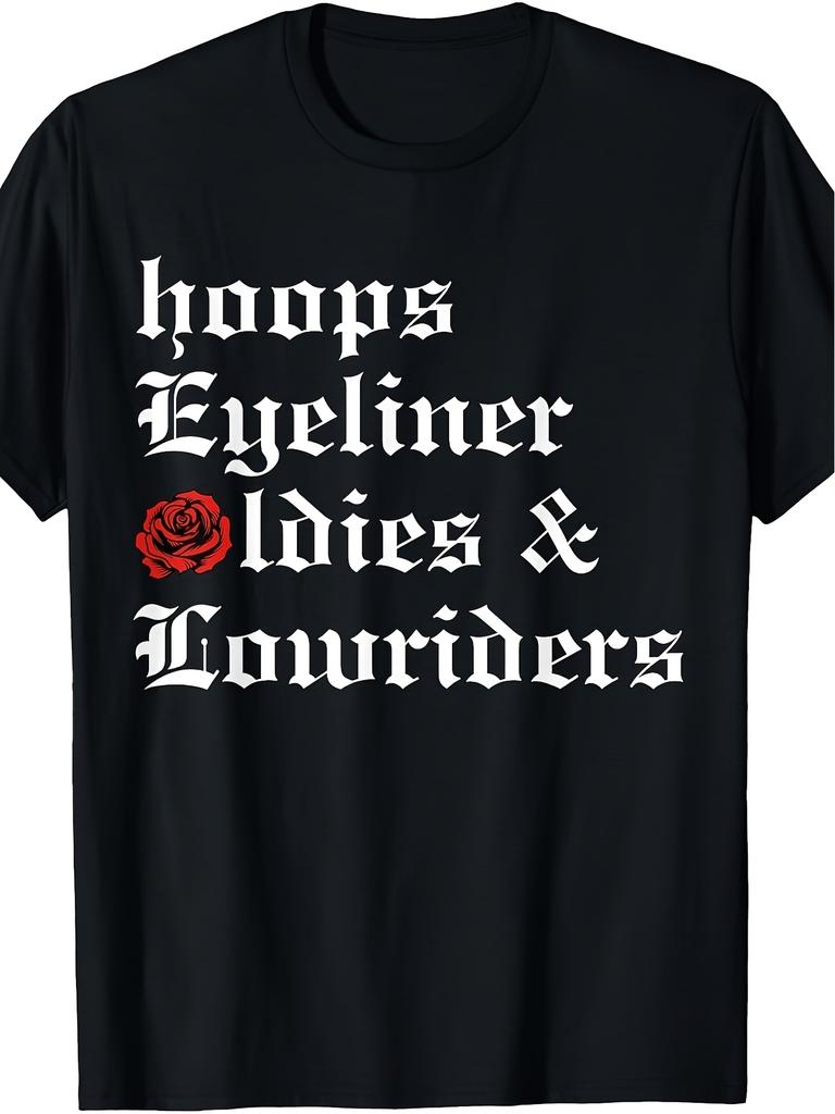 Unisex T-shirt Hoops Eyeliner Lowrider Culture Black Crew Neck Everyday Short Sleeve Top with Rose Accent Hoops Ret