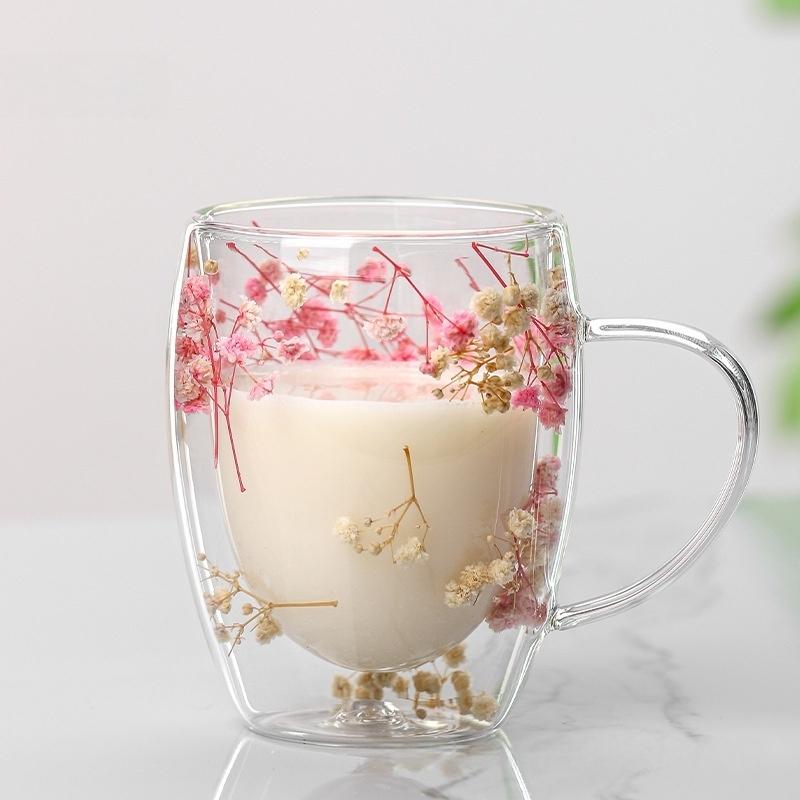 350ml Double Wall Glass Coffee Mug with Handles Clear Milk Cups Gifts Glass Cup Fill Artificial Simulation Flowers Teacup Gift 350ml