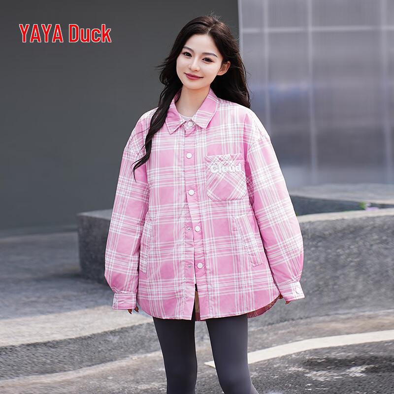 YAYA Women's Plaid Shirt Collar Duck Down Jacket