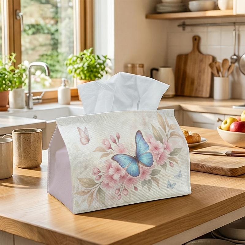 1pc Spring Botanical Tissue Box - Multi-Functional Napkin Dispenser, Two Sizes Available Made of Durable Polyester, Decorated with Butterfly Cherry Bl
