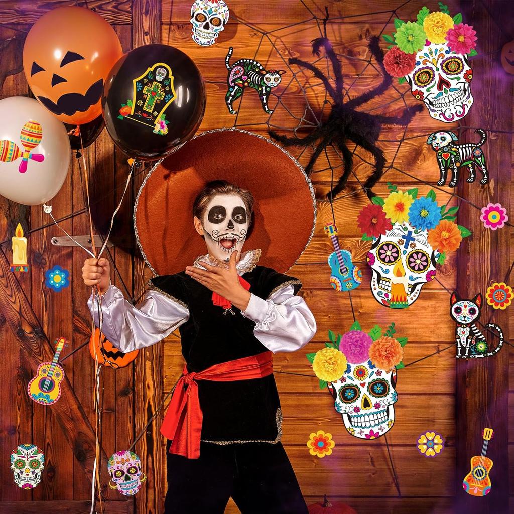 Pasimy Day of The Dead Bulletin Board Set Colorful Sugar Skull Classroom Decorations Mexican Dia De Los Muertos Cutouts with 3D Paper Flowers for