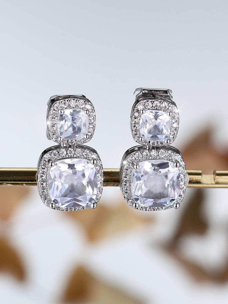 Hot-selling Double-layer Square Full Diamond Earrings, Women's Temperament Dinner Versatile Retro Court Style Jewelry