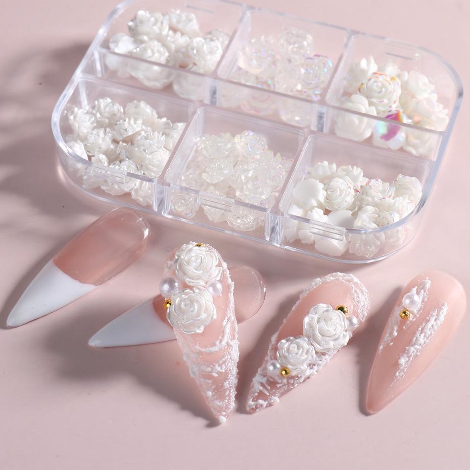 6 Grid Camellia Flower Nail Ornament 3D Rose Solid White Jade Aurora Resin Flower Box Size Mixed