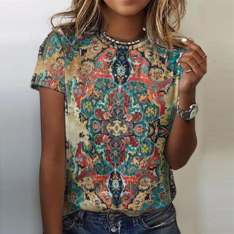 T-shirt con Grafiche Floreali Stile Etnico Stampa 3D Donna Girocollo Manica Corta T-shirt Y2k Harajuku Magliette Oversize Top Abbigliamento Femminile