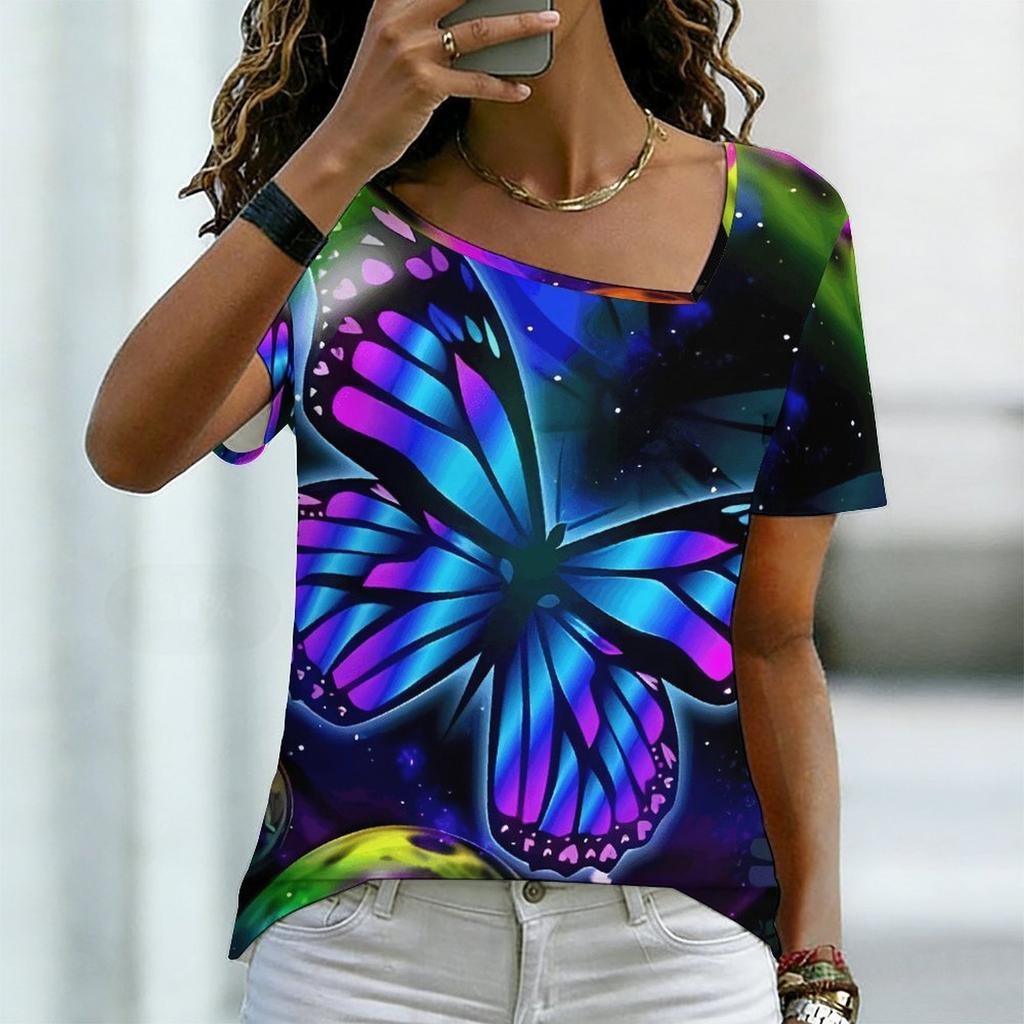 Women Square Neck Short Sleeve Top Black Galaxy Colorful Glitter Butterfly Print Blouse