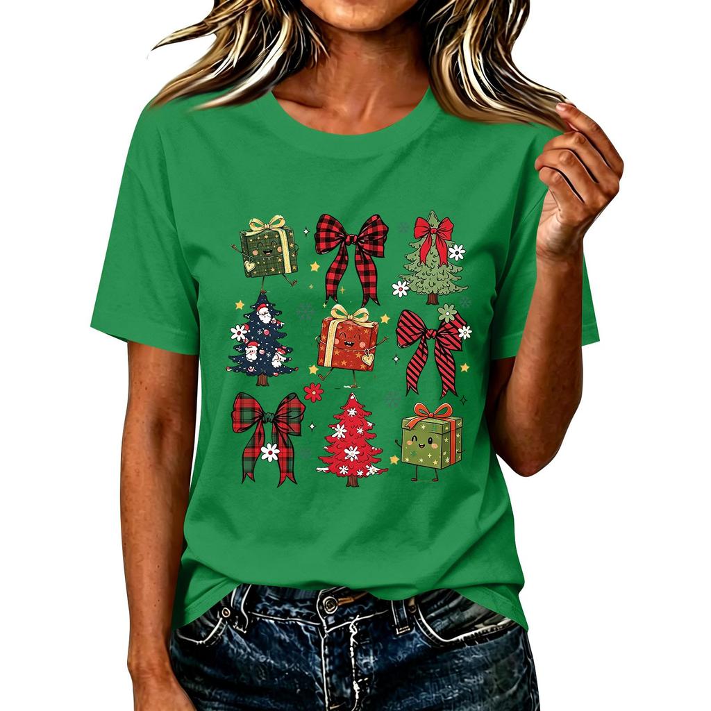 Damen Casual Weihnachten Bedrucktes Kurzarm-T-Shirt mit festlichem Feiertagsdesign
