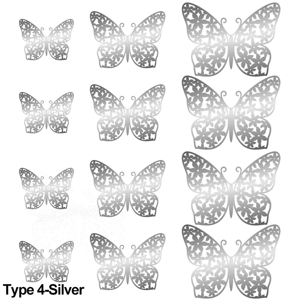 12Pcs/Pack 3D Hollow Out Butterfly Stickers Gold/Silver/Rosegold Mirror Decals Metal Texture Wall Art Wedding Party Supplies