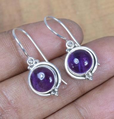 Amethyst Gemstone 925 Silver Round Earrings Boho Earrings Bezel Earrings Gift For Her Statement Earrings
