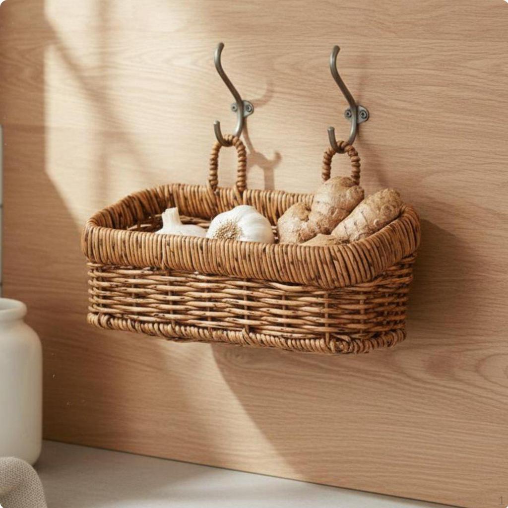 Woven Hanging Basket Nordic Design Kitchen Wall Vintage Style Storage Bin with Handles for