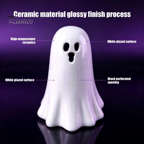 Home Decor Accent Ceramic Hollow Ghost Night Light, Cute Halloween LED Glow Lights Lamp, White Ceramics Figurine for Holiday Party Decoration