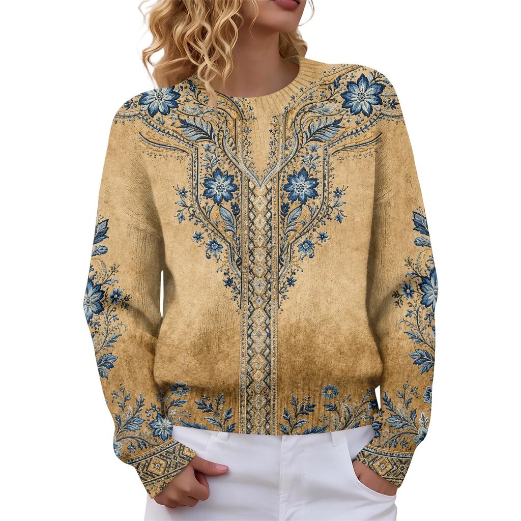 Women's Long Sleeve Crewneck Sweater, Soft Printed Pullover for Fall Winter