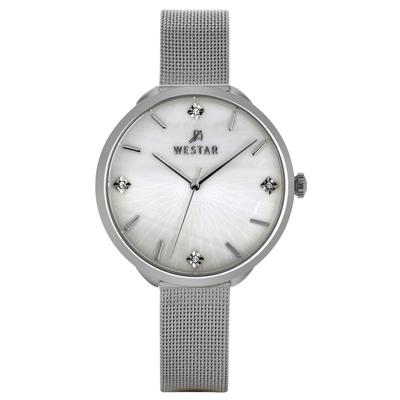 Zing Crystal Accents Stainless Steel Mesh White Mother Of Pearl Dial Quartz 00128STN11 Womens Watch