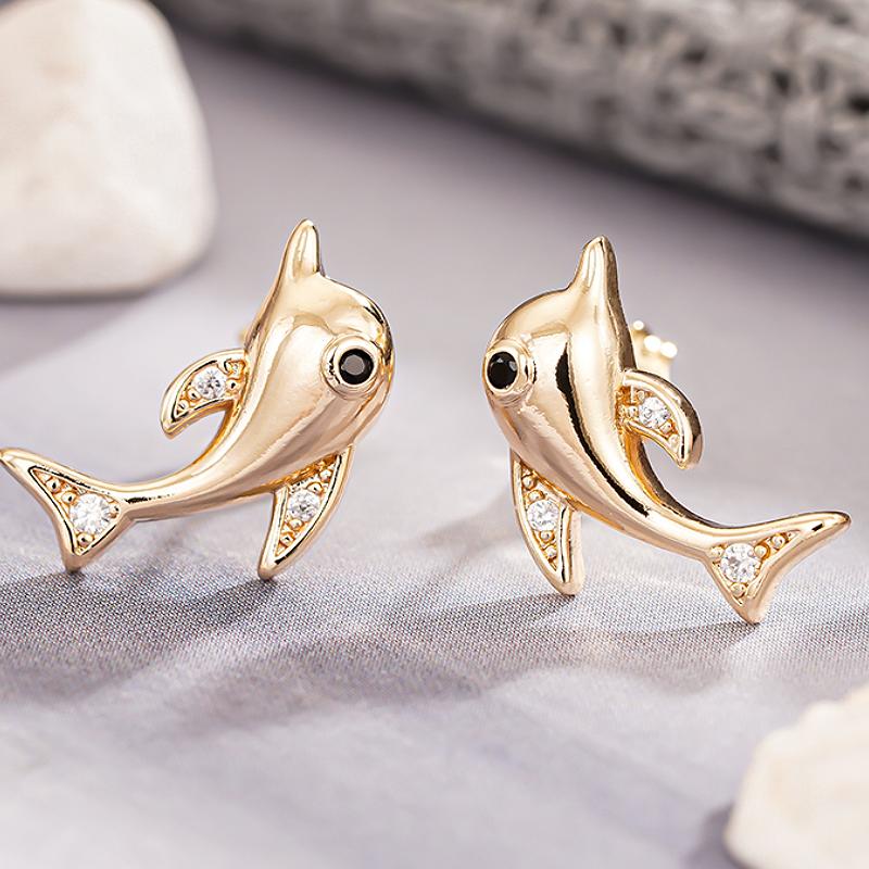 

Huitan Gold Color Cute Fresh Style Animal Dolphin Stud Earrings With Black CZ Eyes For Women Wedding Party Trendy Accessories